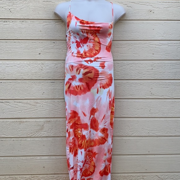 Cryptographic Tie Dye Backless Orange Maxi Dress - Picture 3 of 14